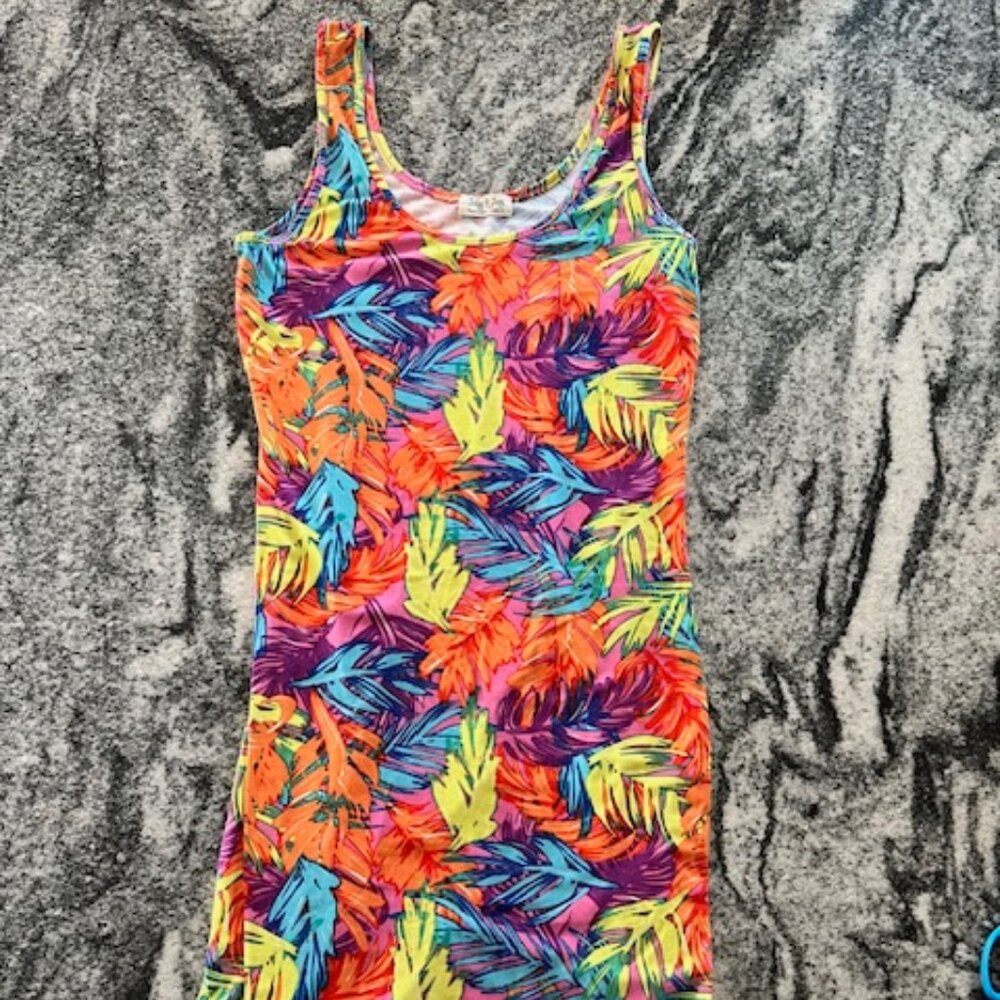 Jolie & Joy Bodycon Dress Womens Large Multicolor Neon Tropical‎ Feather Print